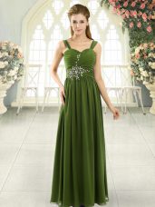 Delicate Olive Green Lace Up Beading and Ruching Sleeveless Floor Length