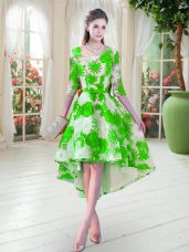 Glorious High Low Green Prom Gown Scoop Half Sleeves Lace Up