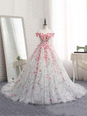 Modest White Ball Gown Prom Dress Off The Shoulder Sleeveless Brush Train Lace Up