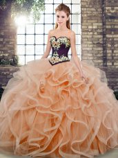 Peach Lace Up Sweetheart Embroidery and Ruffles Quinceanera Dresses Tulle Sleeveless Sweep Train
