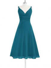 High End Knee Length Teal Prom Gown Straps Sleeveless Zipper