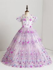 Lilac Zipper Little Girls Pageant Dress Wholesale Hand Made Flower Short Sleeves Floor Length