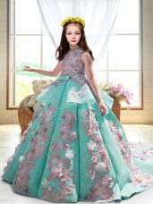 Glorious High-neck Sleeveless Court Train Backless Child Pageant Dress Turquoise Satin