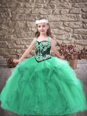 Sweet Turquoise Ball Gowns Embroidery and Ruffles Little Girl Pageant Gowns Lace Up Tulle Sleeveless Floor Length