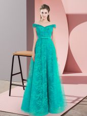 Nice Turquoise A-line Off The Shoulder Sleeveless Beading and Lace Floor Length Lace Up Prom Dress