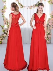 Customized Red Empire Beading and Appliques Bridesmaid Dress Side Zipper Chiffon Sleeveless Floor Length