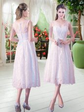 Hot Selling Tea Length Empire Sleeveless White Prom Dress Zipper