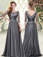 Custom Design Grey Prom Party Dress Satin Sweep Train Half Sleeves Beading and Lace