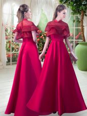 Attractive High-neck Short Sleeves Prom Dress Floor Length Lace Red Satin