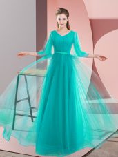Floor Length A-line Long Sleeves Turquoise Prom Gown Lace Up