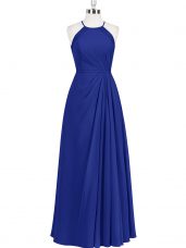 Custom Designed Floor Length Royal Blue Evening Outfits Halter Top Sleeveless Zipper