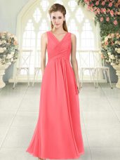 Designer Watermelon Red Prom and Party with Ruching V-neck Sleeveless Zipper