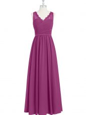 Charming Fuchsia Empire V-neck Sleeveless Chiffon Floor Length Backless Lace and Ruching Dress for Prom