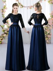 Navy Blue 3 4 Length Sleeve Lace Floor Length Dama Dress for Quinceanera