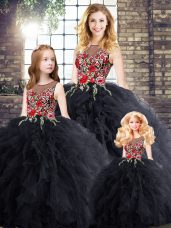 Amazing Black Ball Gowns Embroidery and Ruffles Sweet 16 Dress Zipper Sleeveless Floor Length