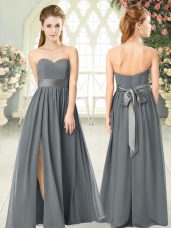 On Sale Grey Empire Chiffon Sweetheart Sleeveless Belt Floor Length Zipper Evening Dress