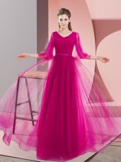 A-line Evening Dress Pink and Fuchsia V-neck Tulle Long Sleeves Floor Length Zipper