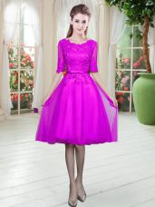 Popular Fuchsia Empire Tulle Scoop Half Sleeves Lace Knee Length Lace Up Prom Party Dress