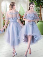 A-line Party Dress Wholesale Light Blue Off The Shoulder Tulle Half Sleeves High Low Lace Up