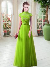 Sweet Tulle Cap Sleeves Floor Length Evening Dresses and Appliques