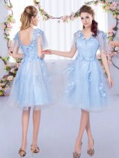 Knee Length Lace Up Bridesmaid Dresses Light Blue for Prom and Party and Wedding Party with Appliques