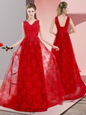Red Sleeveless Sweep Train Beading Prom Party Dress