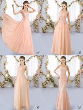 Floor Length Peach Court Dresses for Sweet 16 Chiffon Sleeveless Lace