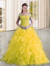 Organza Off The Shoulder Sleeveless Sweep Train Lace Up Beading and Lace and Ruffles Quinceanera Gowns in Yellow