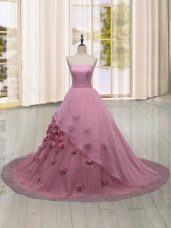 Hot Selling Pink Quinceanera Gowns Military Ball and Sweet 16 and Quinceanera with Hand Made Flower Strapless Sleeveless Brush Train Lace Up