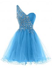 Blue Sleeveless Beading Mini Length Prom Gown