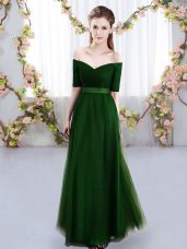 Extravagant Green Empire Ruching Bridesmaid Dress Lace Up Tulle Short Sleeves Floor Length