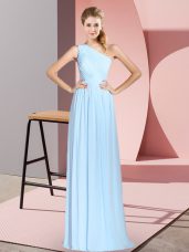 Fashion Blue Chiffon Lace Up One Shoulder Sleeveless Floor Length Prom Evening Gown Ruching
