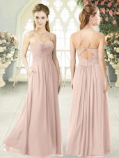 Decent Sleeveless Chiffon Floor Length Criss Cross Juniors Evening Dress in Pink with Ruching