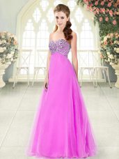 Pink Tulle Lace Up Juniors Party Dress Sleeveless Floor Length Beading