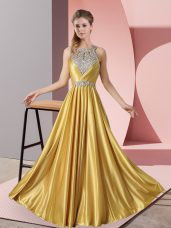 Gold Satin Lace Up Halter Top Sleeveless Floor Length Dress for Prom Beading