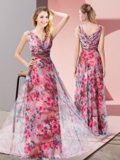 Top Selling V-neck Sleeveless Dress for Prom Floor Length Pattern Multi-color Printed