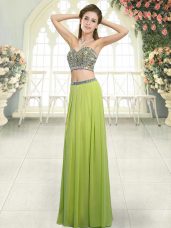 Decent Olive Green Sleeveless Floor Length Beading Backless Prom Dresses