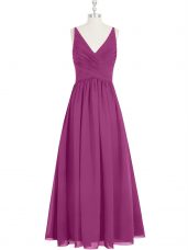 Admirable Sleeveless Floor Length Ruching Zipper Evening Dress with Fuchsia