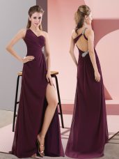 Fabulous Dark Purple Sleeveless Sweep Train Beading and Lace Evening Dress