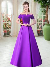 Romantic Purple Short Sleeves Belt Floor Length Prom Gown