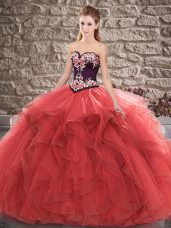 Red Tulle Lace Up Quinceanera Gowns Sleeveless Floor Length Beading and Embroidery