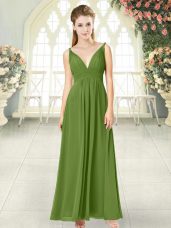 Enchanting Ankle Length Olive Green Evening Dress V-neck Sleeveless Backless