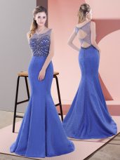 Top Selling Sleeveless Beading and Lace Lace Up Dress for Prom with Blue Sweep Train