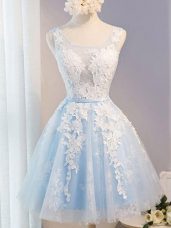 Affordable Tulle Scoop Sleeveless Lace Up Appliques and Belt Prom Party Dress in Baby Blue