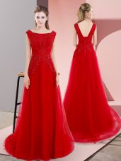 Cheap Red Empire Beading and Appliques Prom Evening Gown Lace Up Tulle Sleeveless