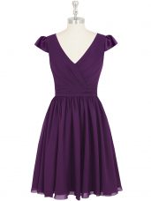 Purple Zipper Prom Gown Ruching Cap Sleeves Mini Length