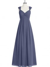 Artistic Blue A-line Chiffon Straps Sleeveless Ruching Floor Length Zipper Homecoming Dress