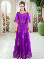 Vintage Purple A-line Lace Formal Dresses Lace Up Tulle Half Sleeves Floor Length