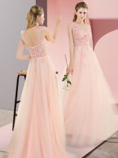 Pink Tulle Lace Up Scoop Sleeveless Floor Length Dress for Prom Beading and Lace and Appliques