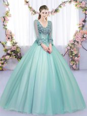 Tulle V-neck Long Sleeves Lace Up Lace and Appliques Quince Ball Gowns in Apple Green